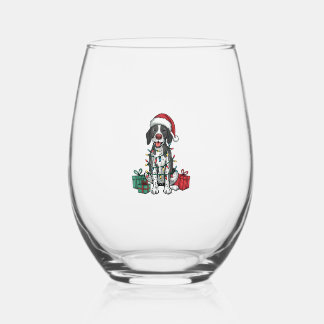 Xmas Lighting Santa Hat Pointing Dog Christmas _1 Stemless Wine Glass