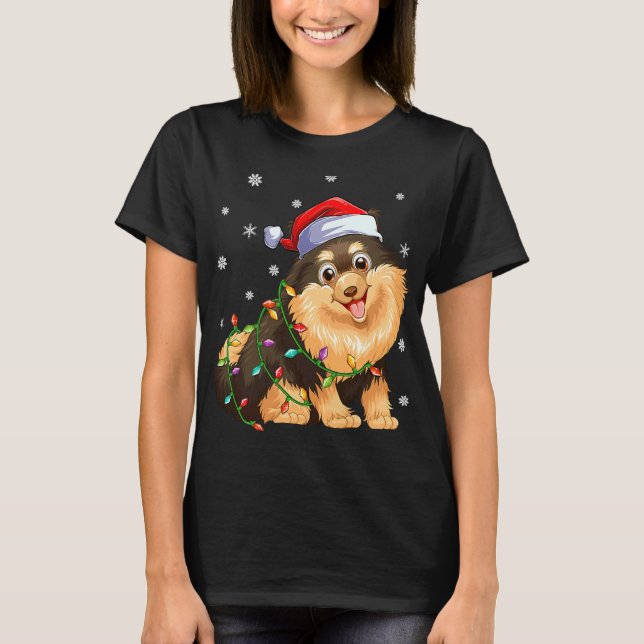 Xmas Lighting Santa Hat Pomeranian T-Shirt (Front)
