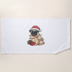 Xmas Lighting Santa Hat Pug Dogs Christmas _2 Beach Towel