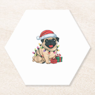Xmas Lighting Santa Hat Pug Dogs Christmas Paper Coaster