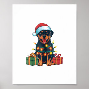 Xmas Lighting Santa Hat Rottweiler Dog Christmas  Poster