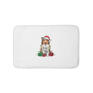 Xmas Lighting Santa Hat Rough Collie Dog Christmas Bath Mat