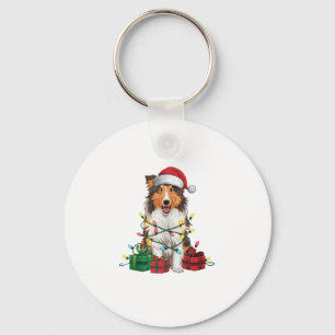 Xmas Lighting Santa Hat Rough Collie Dog Christmas Keychain