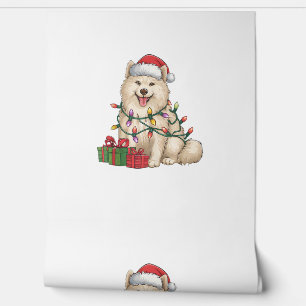 Xmas Lighting Santa Hat Samoyed Dog Christmas Wallpaper