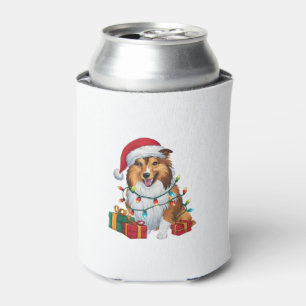 Xmas Lighting Santa Hat Shetland Sheepdog Christma Can Cooler