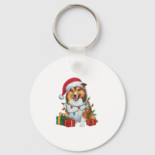 Xmas Lighting Santa Hat Shetland Sheepdog Christma Keychain