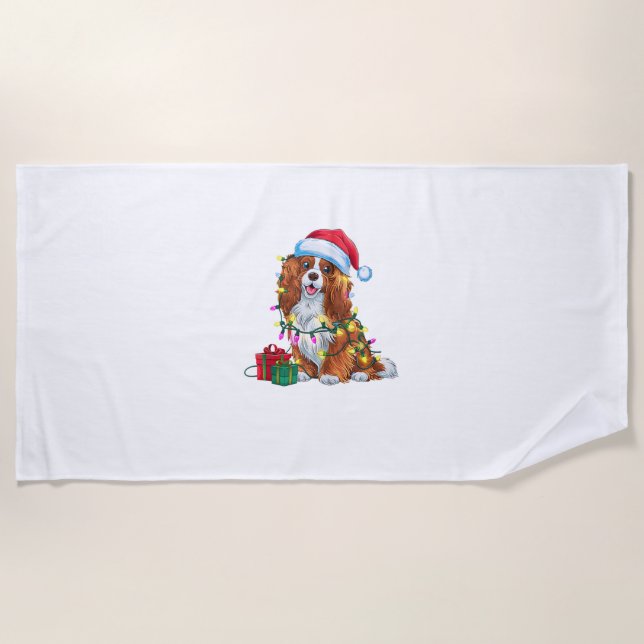 Xmas Lighting Santa Hat Tibetan Spaniel Dog Christ Beach Towel (Front)
