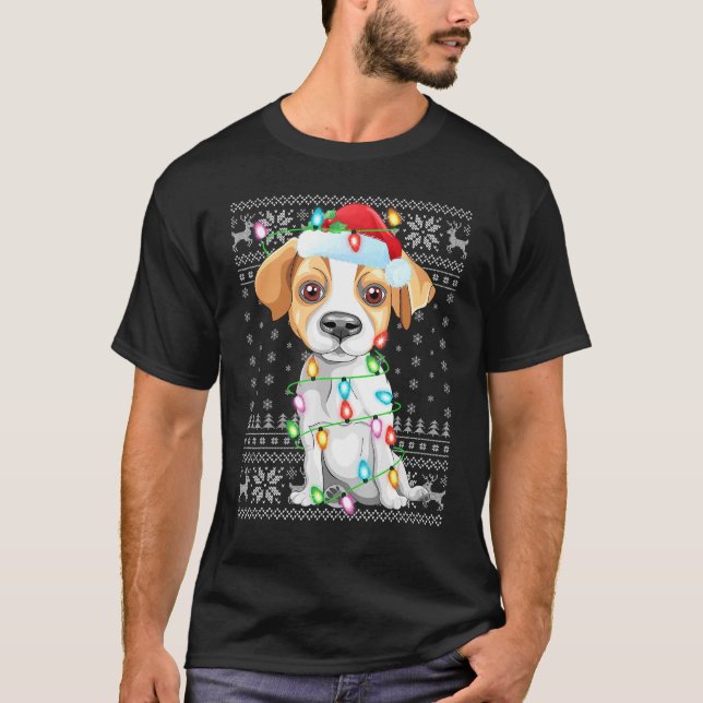 Xmas Lighting Santa Hat Ugly Jack Russell Terrier  T-Shirt (Front)