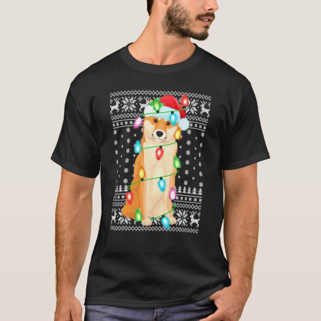 Xmas Lighting Santa Hat Ugly Shiba Inu Christmas T-Shirt (Front)