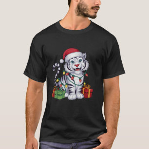 Xmas Lighting Santa Hat White Tiger Christmas T-Shirt