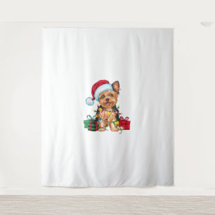 Xmas Lighting Santa Hat Yorkie Dog Christmas _1 Tapestry