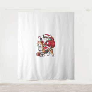 Xmas Lighting Santa Riding Akita Inu Dog Christmas Tapestry