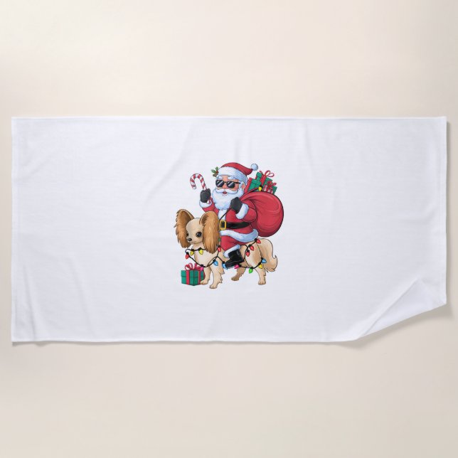 Xmas Lighting Santa Riding Chinese Crested Dog Chr Beach Towel (Front)