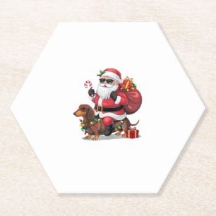 Xmas Lighting Santa Riding Dachshund Dog Christmas Paper Coaster