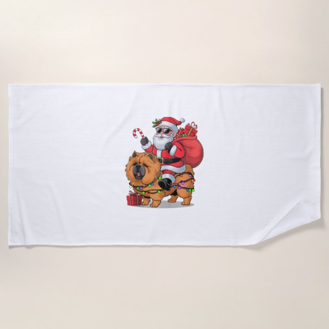 Xmas Lighting Santa Riding Funny Chow Chow Dog Chr Beach Towel (Front)