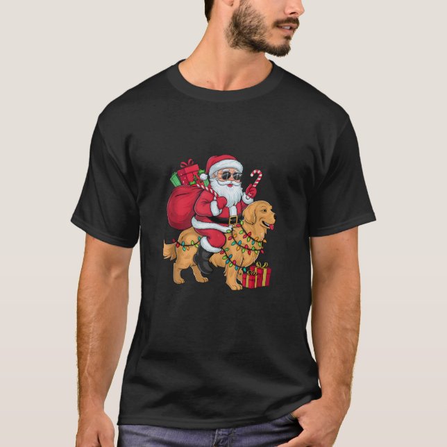 Xmas Lighting Santa Riding Golden Retriever Dog Ch T-Shirt (Front)