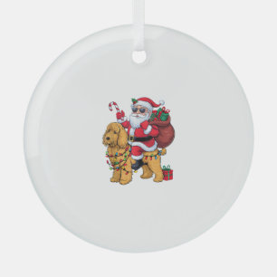 Xmas Lighting Santa Riding Goldendoodle Dog Christ Glass Ornament