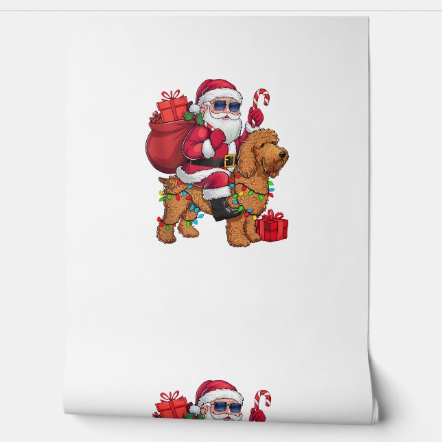 Xmas Lighting Santa Riding Goldendoodle Dog Christ Wallpaper (Unrolling)