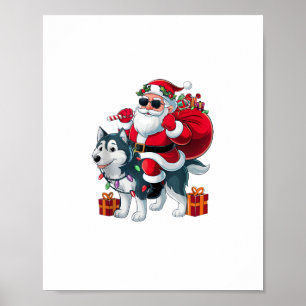 Xmas Lighting Santa Riding Husky Dog Christmas Poster