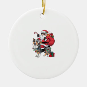 Xmas Lighting Santa Riding Sheltie Dog Christmas Ceramic Ornament