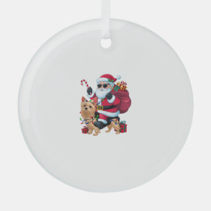 Xmas Lighting Santa Riding Yorkie Dog Christmas Glass Ornament