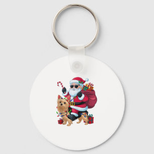 Xmas Lighting Santa Riding Yorkie Dog Christmas  Keychain