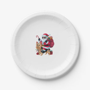 Xmas Lighting Santa Riding Yorkie Dog Christmas Paper Plate