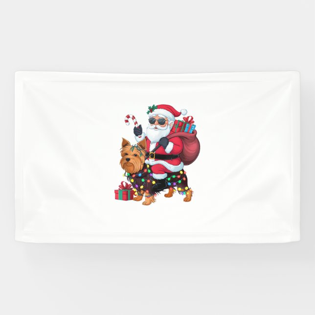 Xmas Lighting Santa Riding Yorkshire Terrier Dog C Banner (Horizontal)