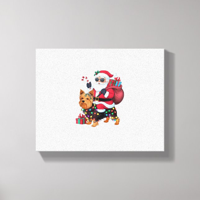 Xmas Lighting Santa Riding Yorkshire Terrier Dog C Canvas Print (Front)