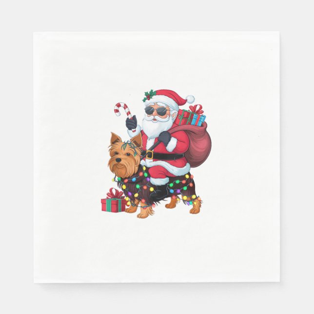 Xmas Lighting Santa Riding Yorkshire Terrier Dog C Napkin (Front)