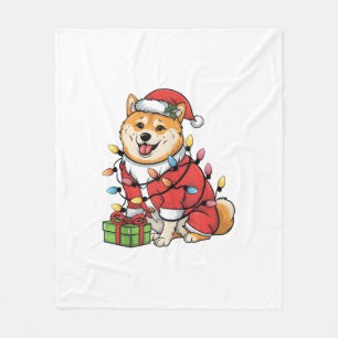 Xmas Lighting Santa Shiba Inu Dog Christmas  Fleece Blanket