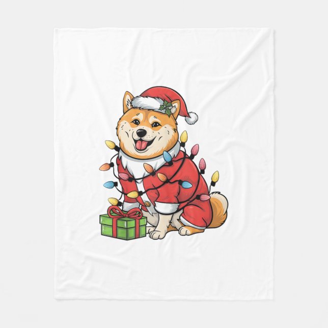 Xmas Lighting Santa Shiba Inu Dog Christmas  Fleece Blanket (Front)