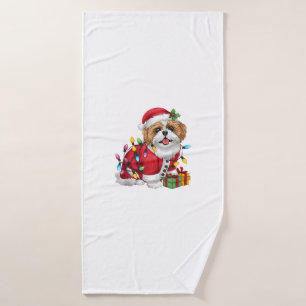 Xmas Lighting Santa Shih Tzu Dog Christmas  Bath Towel