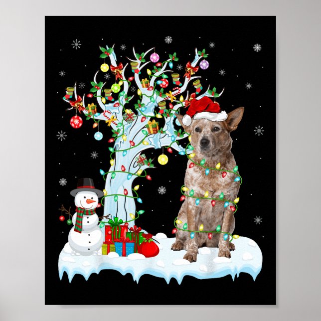 Xmas Lighting Tree Santa Hat Australian Cattle Dog Poster (Front)