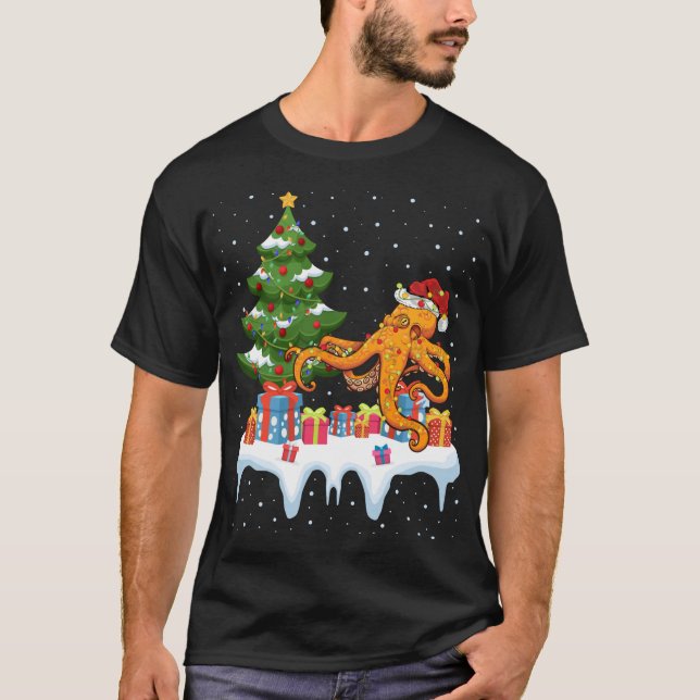 Xmas Lighting Tree Santa Hat Octopus Christmas T-Shirt (Front)