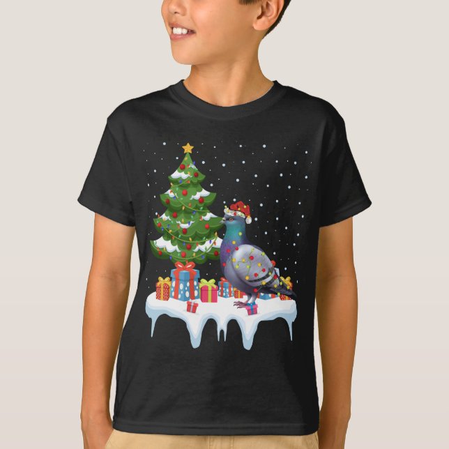 Xmas Lighting Tree Santa Hat Pigeon Christmas T-Shirt (Front)