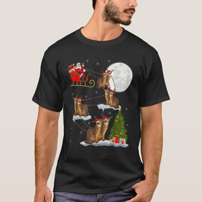 Xmas Lighting Tree Santa Riding Abyssinian Cat Chr T-Shirt (Front)