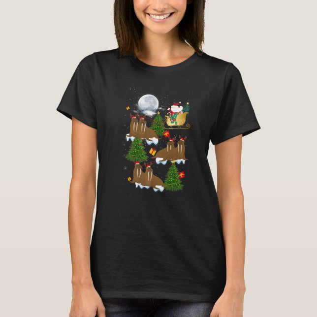 Xmas Lighting Tree Santa Riding Walrus Christmas T-Shirt (Front)