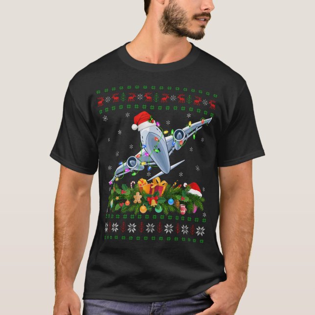  Xmas Lighting Tree Santa Ugly Airplane Christmas T-Shirt (Front)