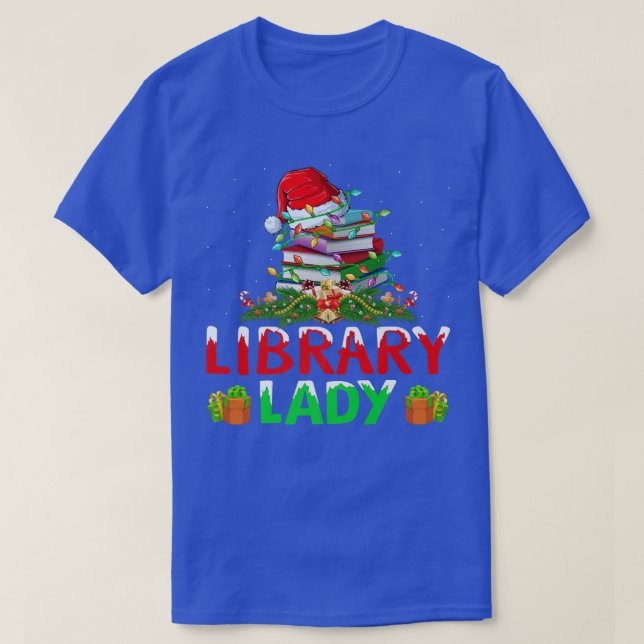 Xmas Lights Books Library Lady Librarian Christmas T-Shirt (Design Front)