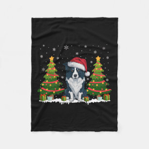 Xmas Lights Border Collie Dog Santa Hat Christmas Fleece Blanket