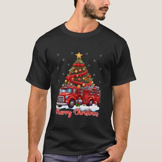Xmas Lights Firefighter Fire Truck Christmas Tree T-Shirt (Front)