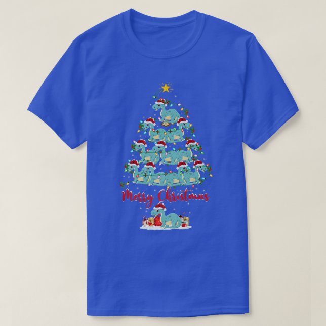 Xmas Lights Funny Santa Brontosaurus Dinosaur Chri T-Shirt (Design Front)