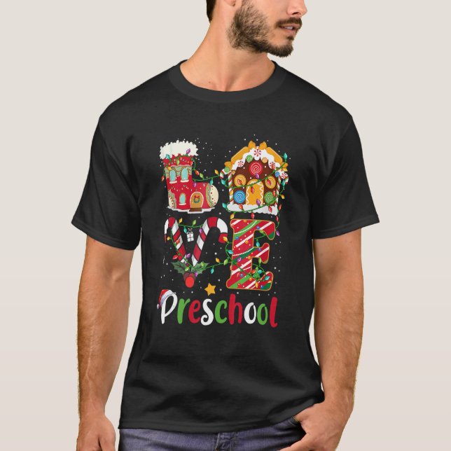 Xmas Lights Love Preschool Teacher Christmas T-Shirt (Front)