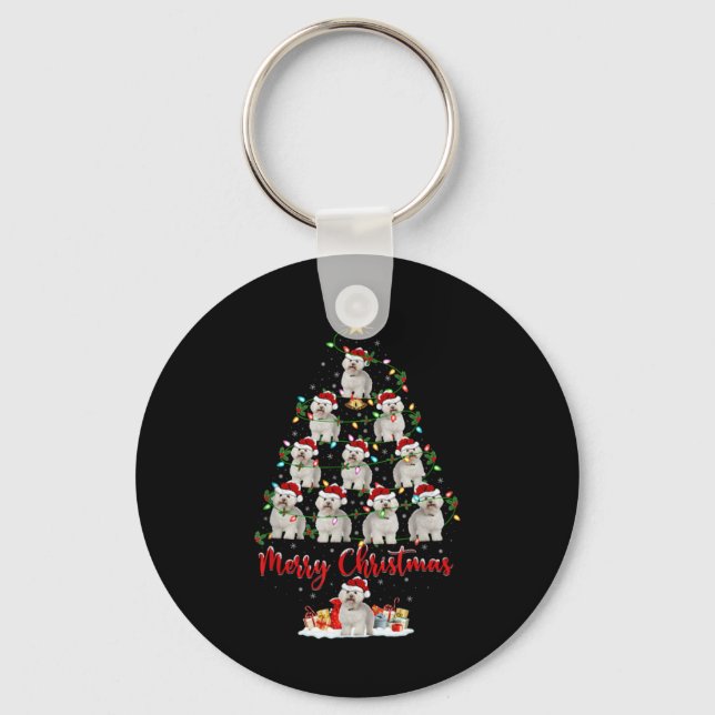 Xmas Lights Santa Bichon Frise Dog Christmas Tree  Keychain (Front)