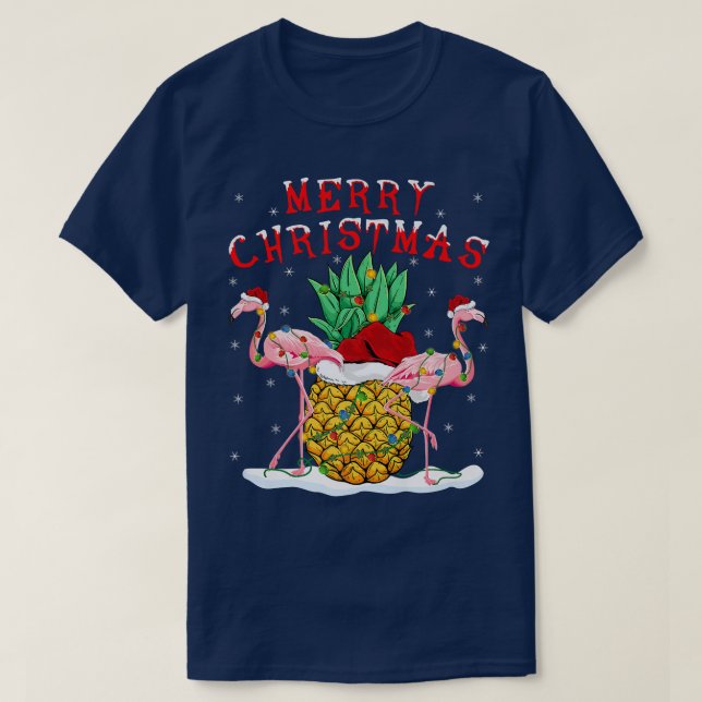 Xmas Lights Santa Flamingo Pineapple Merry Christm T-Shirt (Design Front)