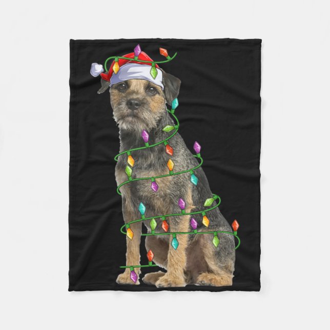 Xmas Lights Santa Hat Border Terrier Dog Christmas Fleece Blanket (Front)