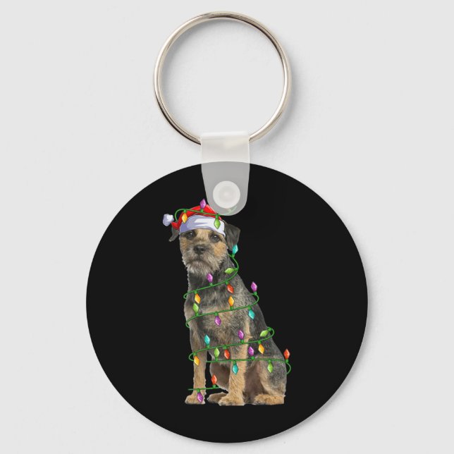 Xmas Lights Santa Hat Border Terrier Dog Christmas Keychain (Front)