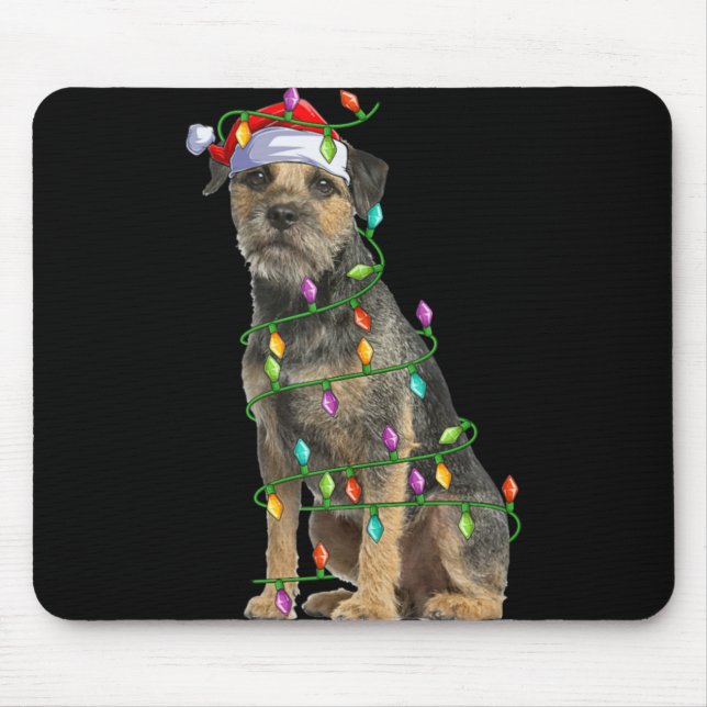 Xmas Lights Santa Hat Border Terrier Dog Christmas Mouse Pad (Front)