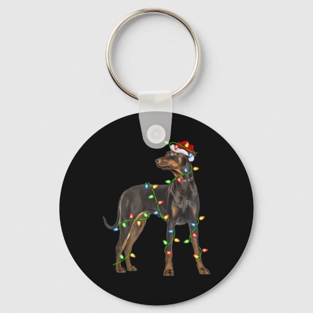 Xmas Lights Santa Hat Doberman Nscher Dog Christ  Keychain (Front)